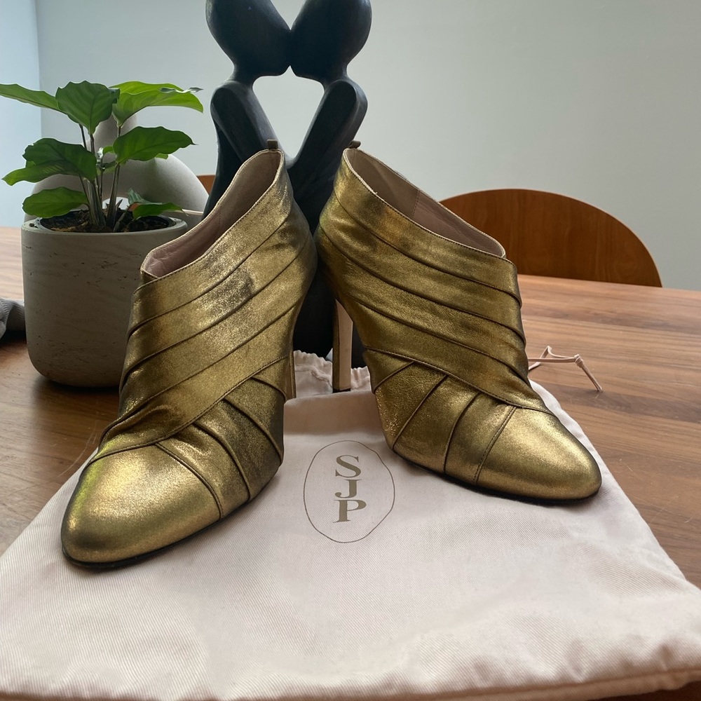 Gold Metallic Ankle Booties - Elegant Women's Heels - Picture 2 of 4
